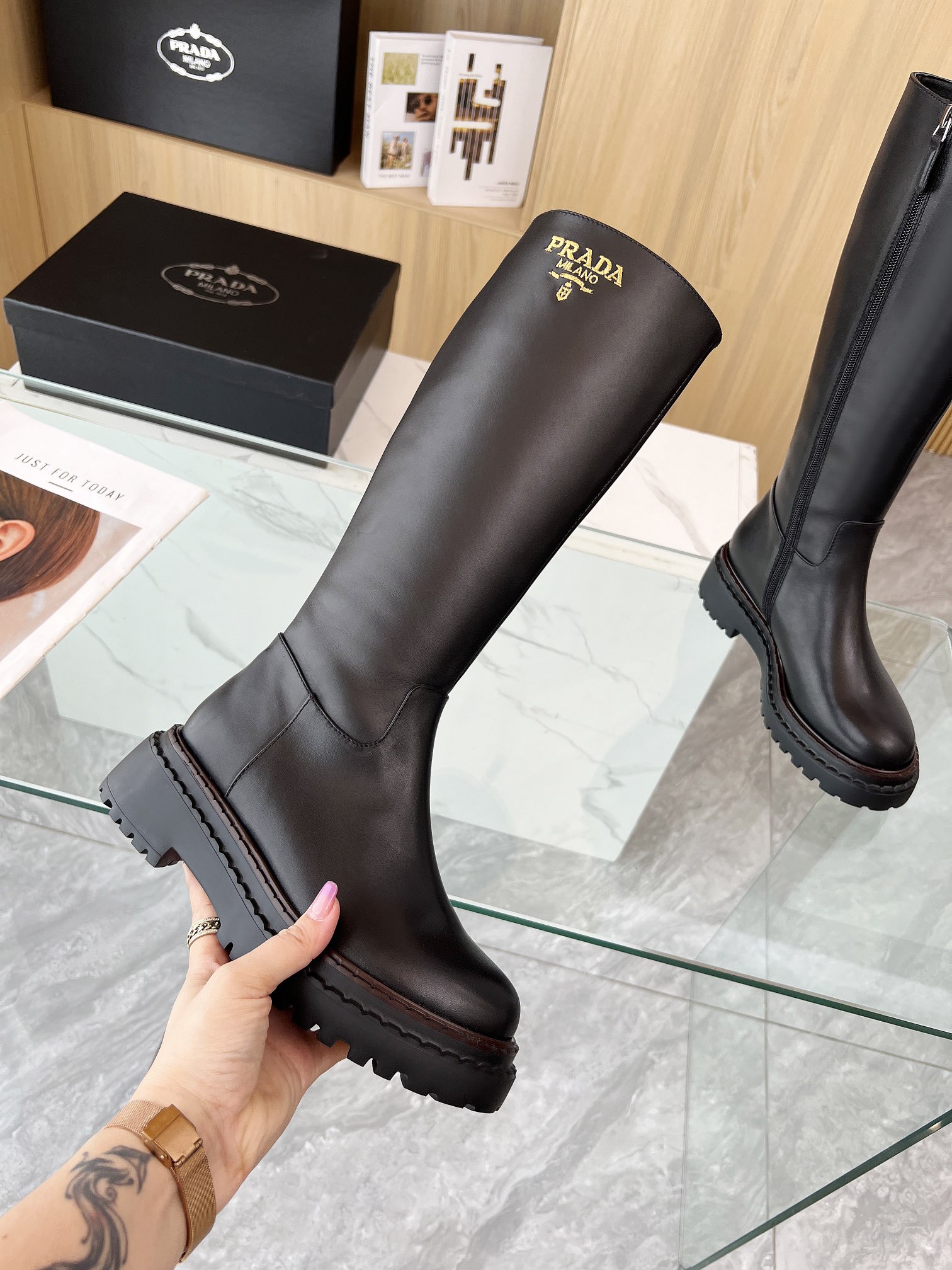 P design thick sole thick heel long knight boots high quality