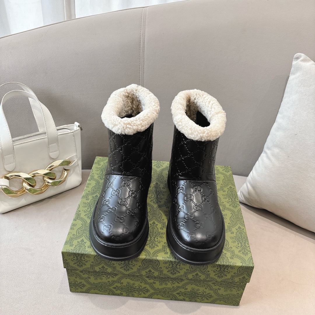 GUCC&I High quality leather wool printed snow boots