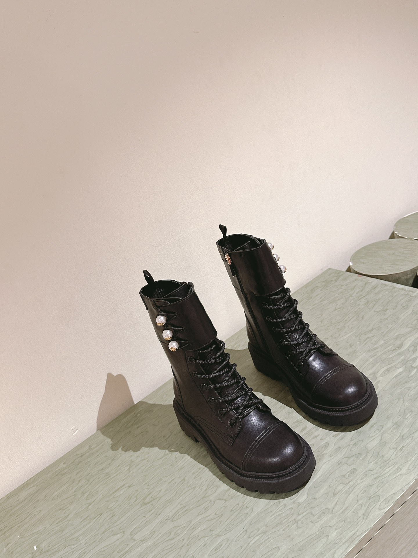 Dior Open Edge Beaded Pearl Buckle Lace-Up Boots