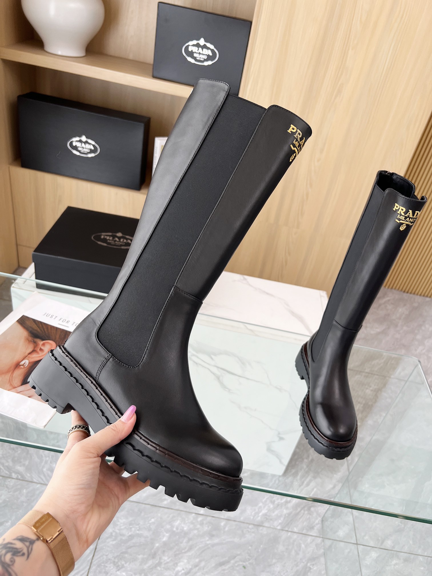 P design thick sole thick heel long knight boots high quality