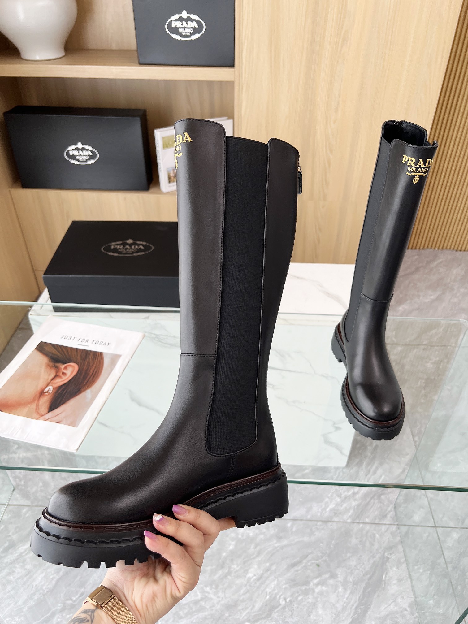 P design thick sole thick heel long knight boots high quality