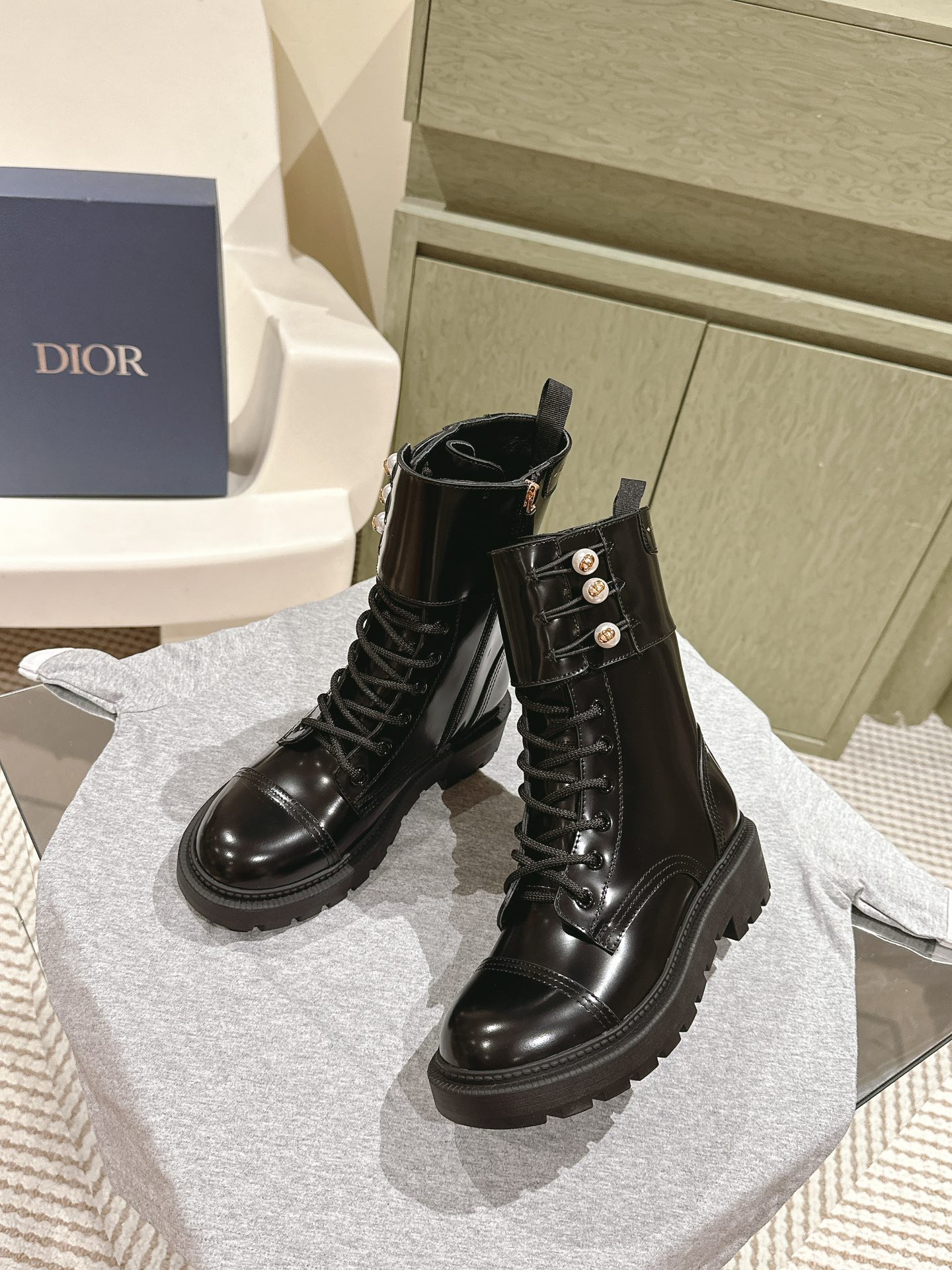 Dior Open Edge Beaded Pearl Buckle Lace-Up Boots