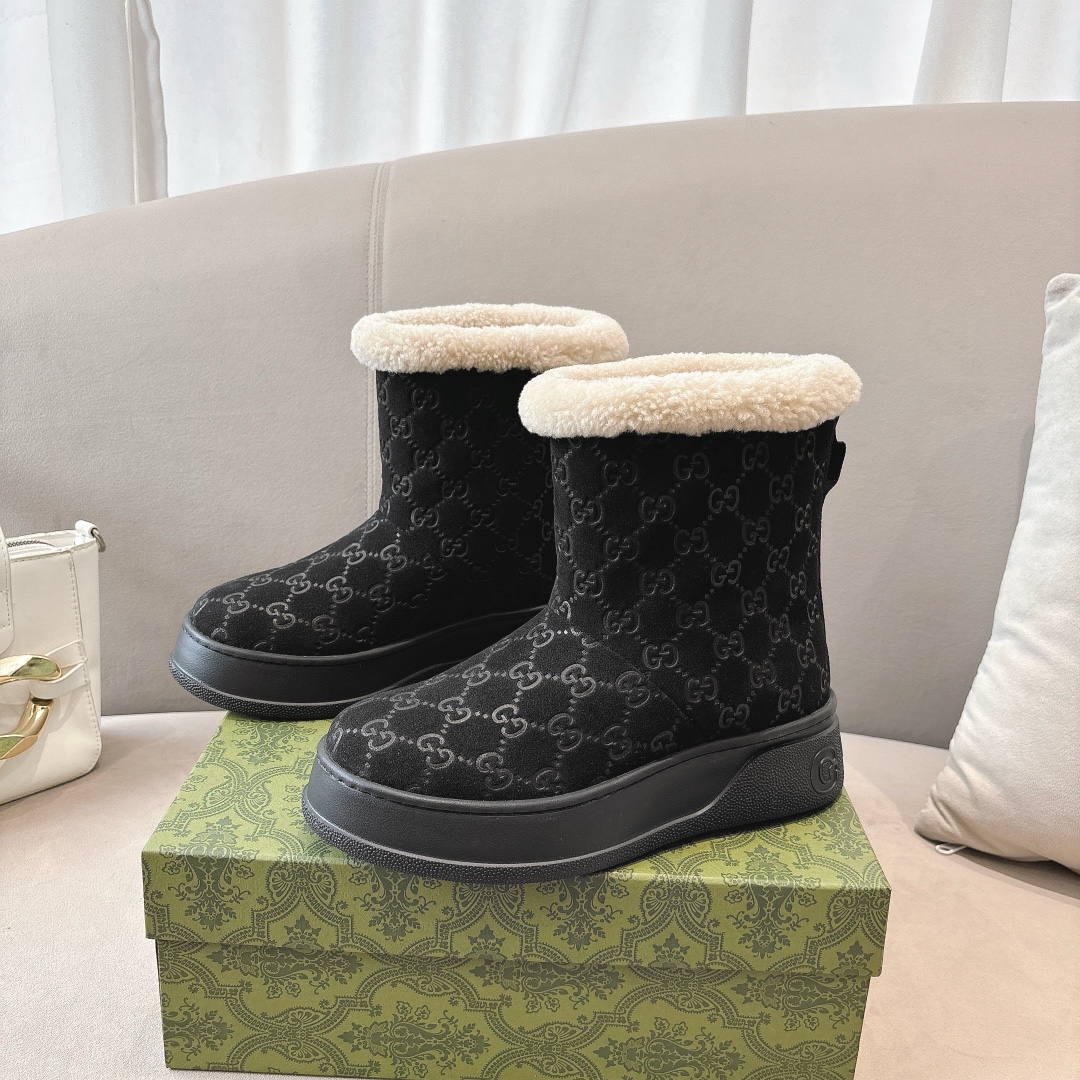 GUCC&I High quality leather wool printed snow boots