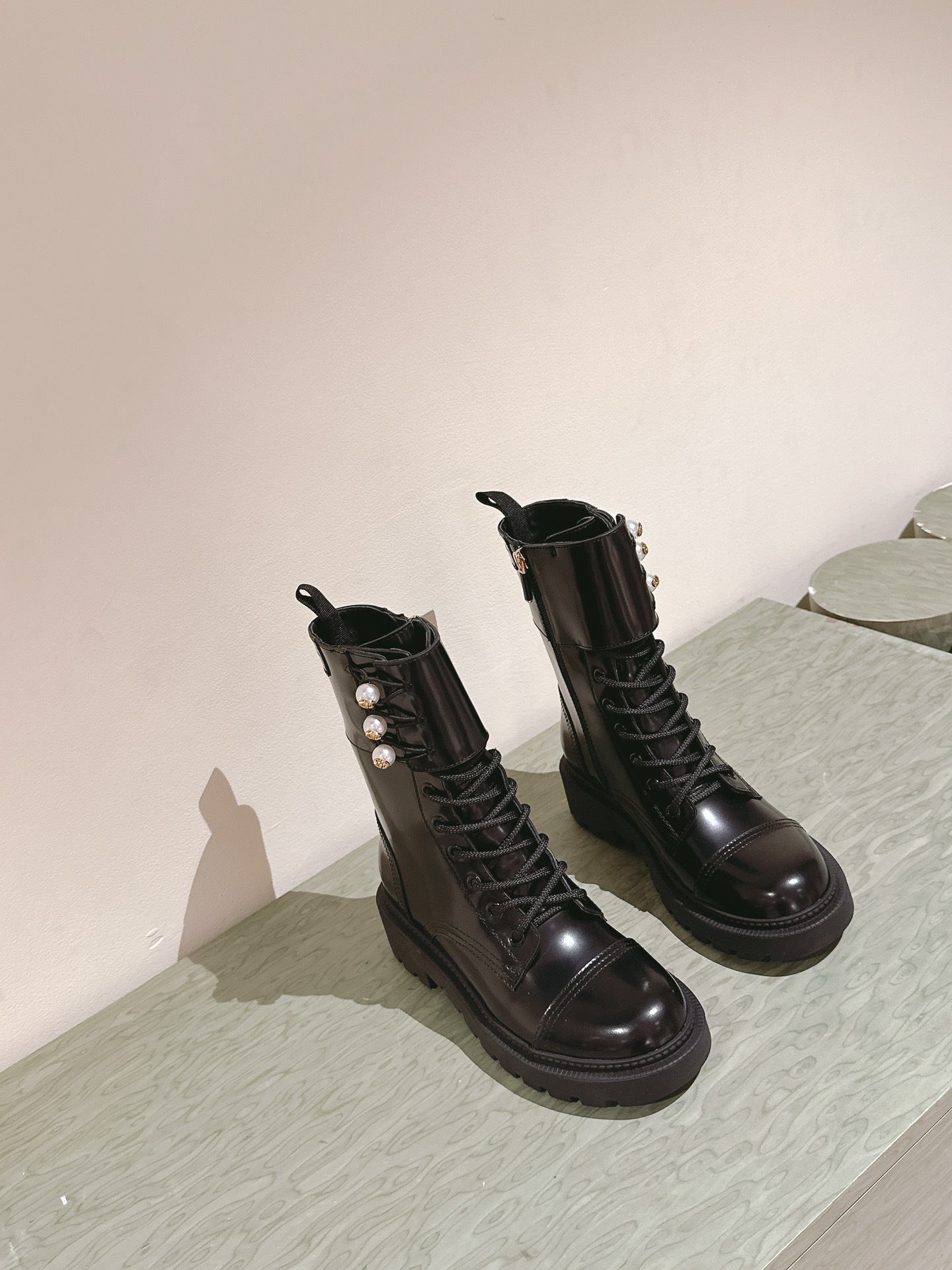 Dior Open Edge Beaded Pearl Buckle Lace-Up Boots