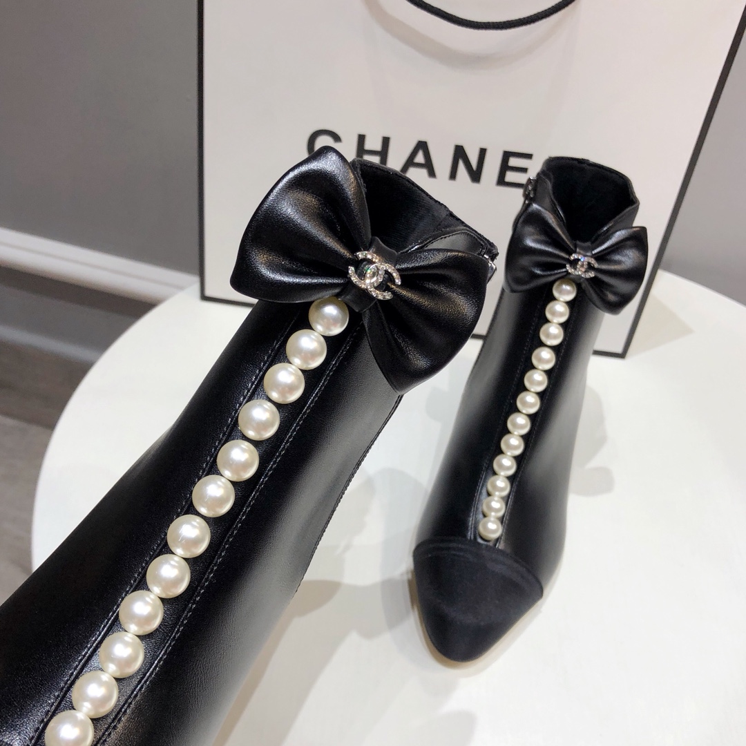 C design  autumn&winter pearl chunky heel short ankle boots with bow-knots