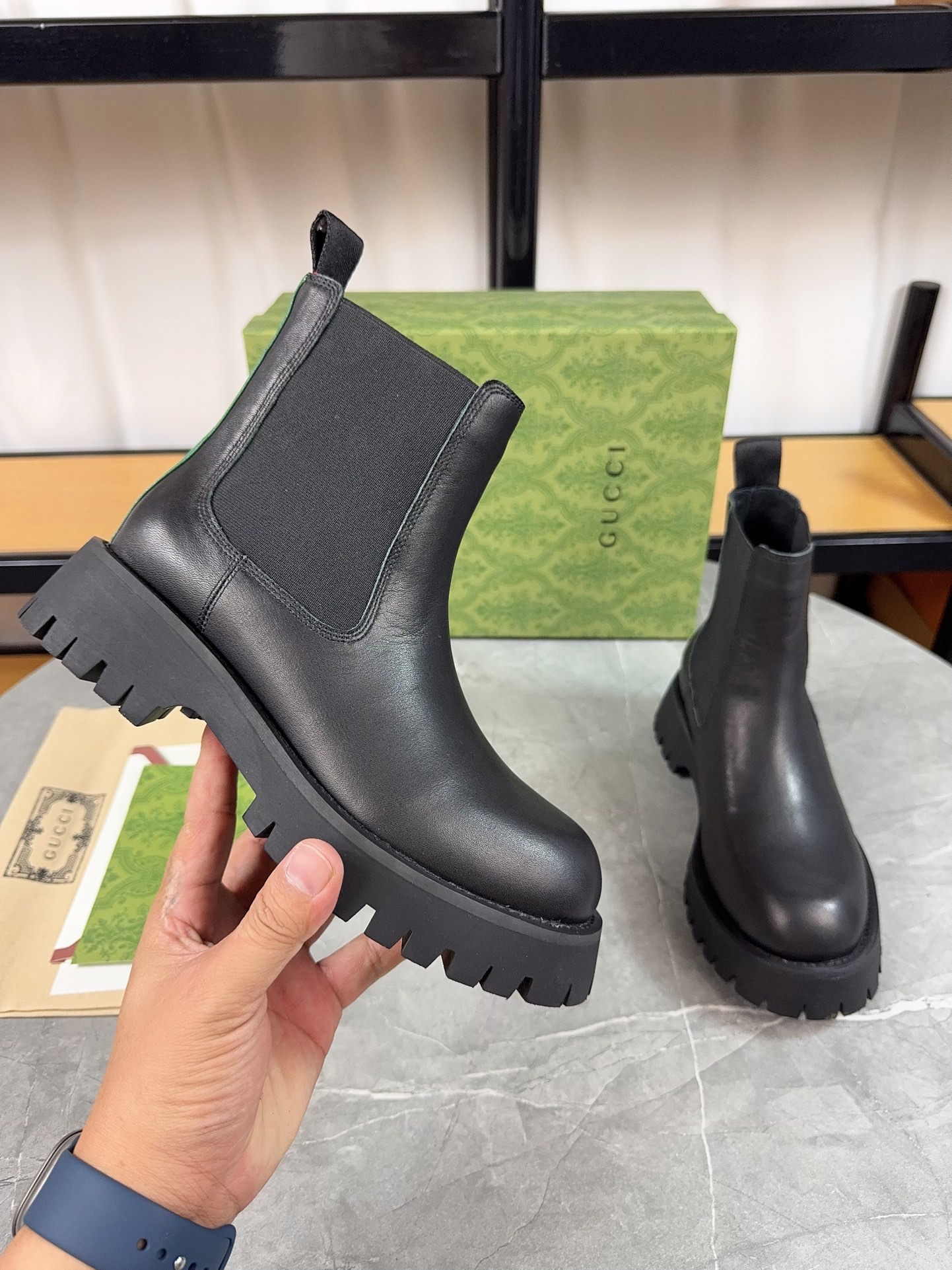 Gucc&i2024 new double GG printed platform platform boots Chelsea ankle boots for men and women