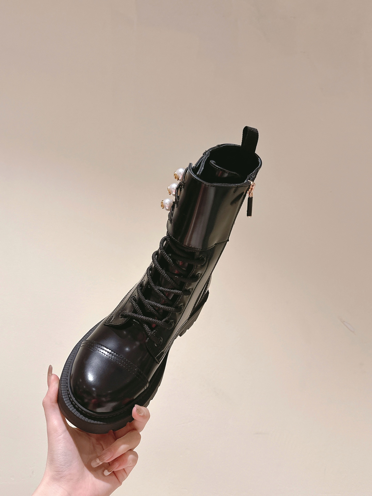 Dior Open Edge Beaded Pearl Buckle Lace-Up Boots