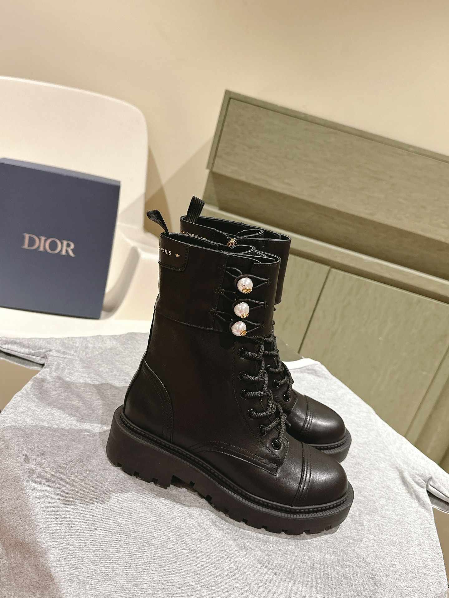 Dior Open Edge Beaded Pearl Buckle Lace-Up Boots