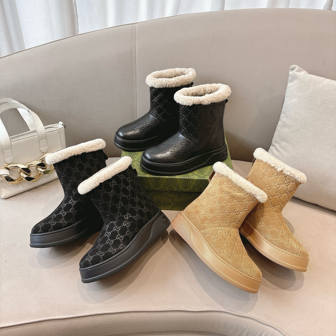 GUCC&I High quality leather wool printed snow boots