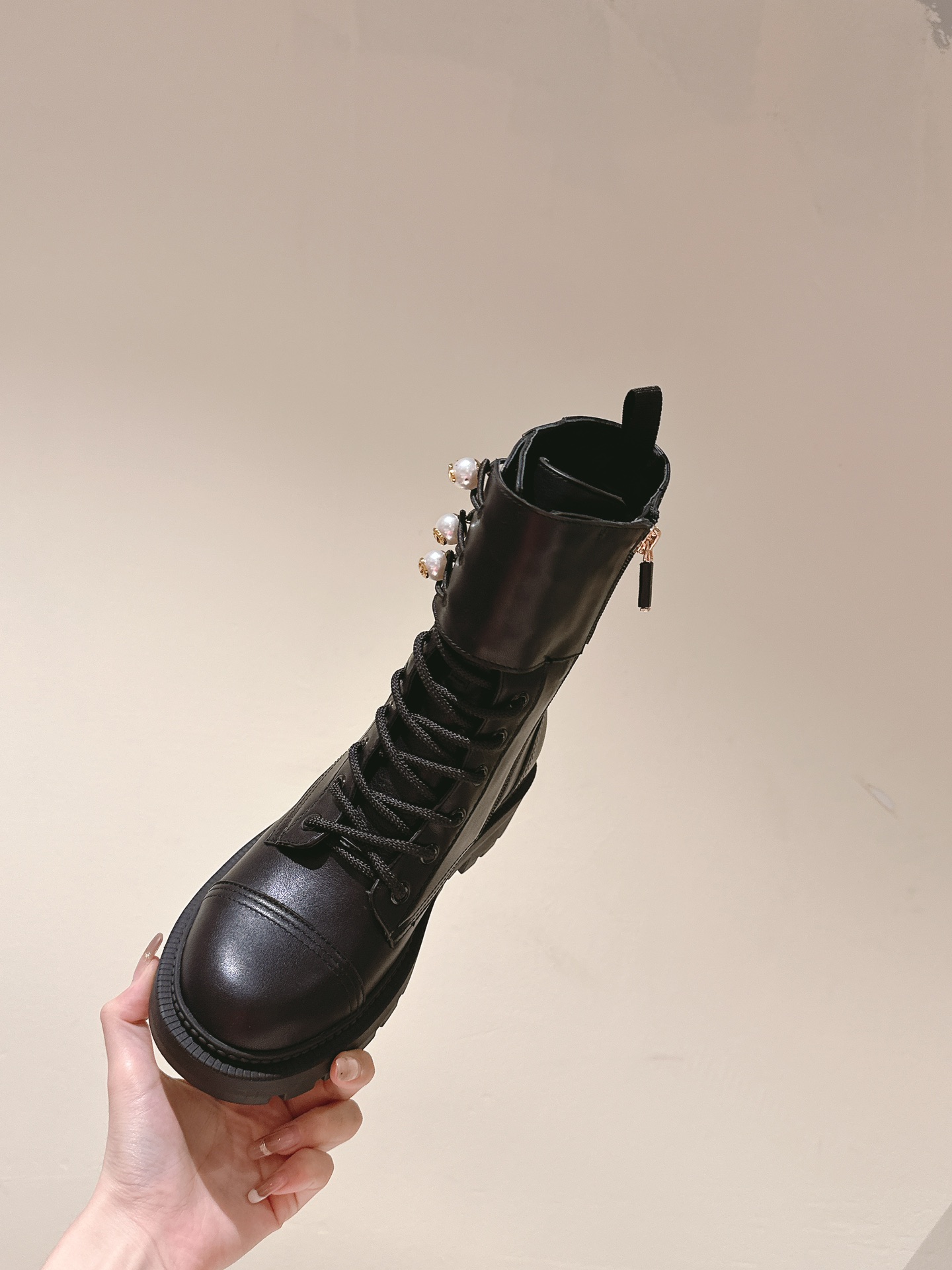 Dior Open Edge Beaded Pearl Buckle Lace-Up Boots