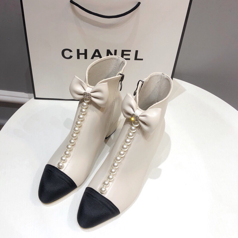 C design  autumn&winter pearl chunky heel short ankle boots with bow-knots