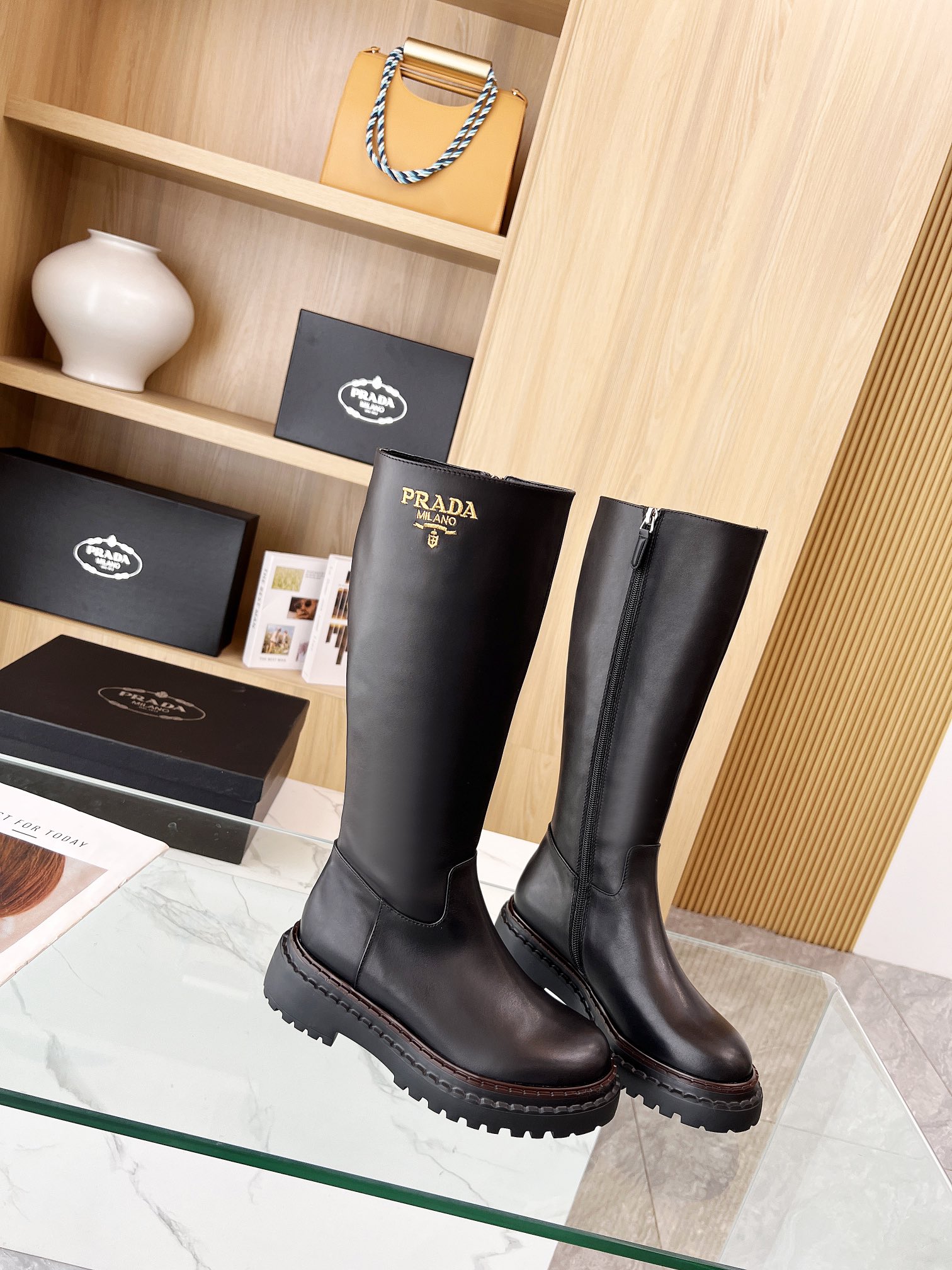 P design thick sole thick heel long knight boots high quality