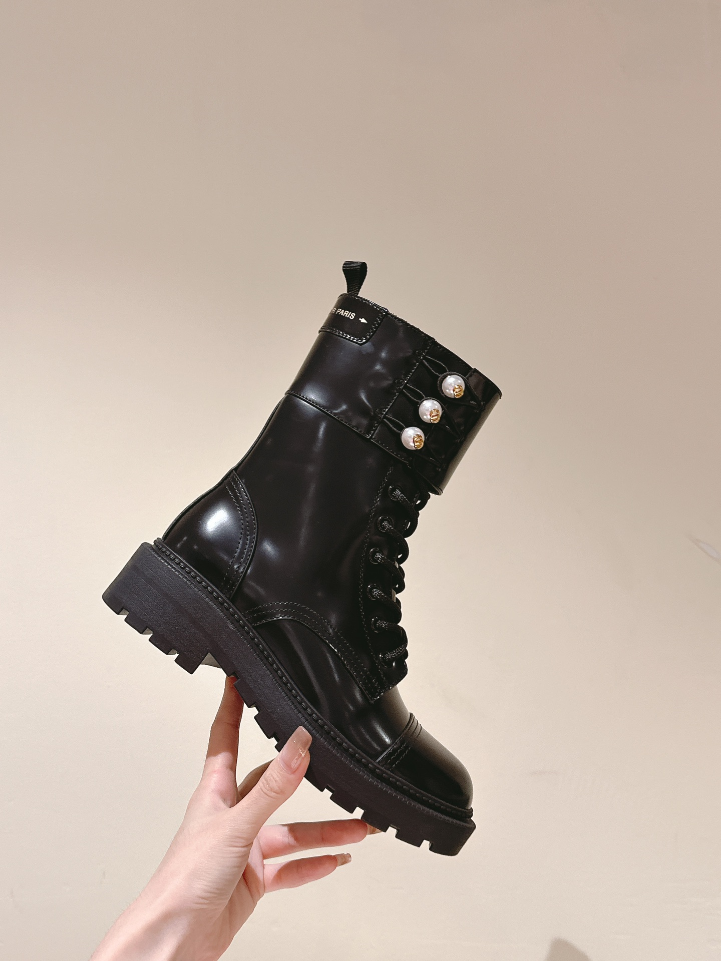 Dior Open Edge Beaded Pearl Buckle Lace-Up Boots