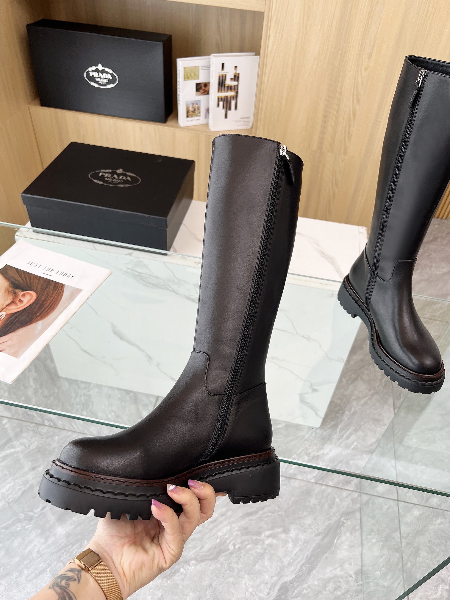 P design thick sole thick heel long knight boots high quality