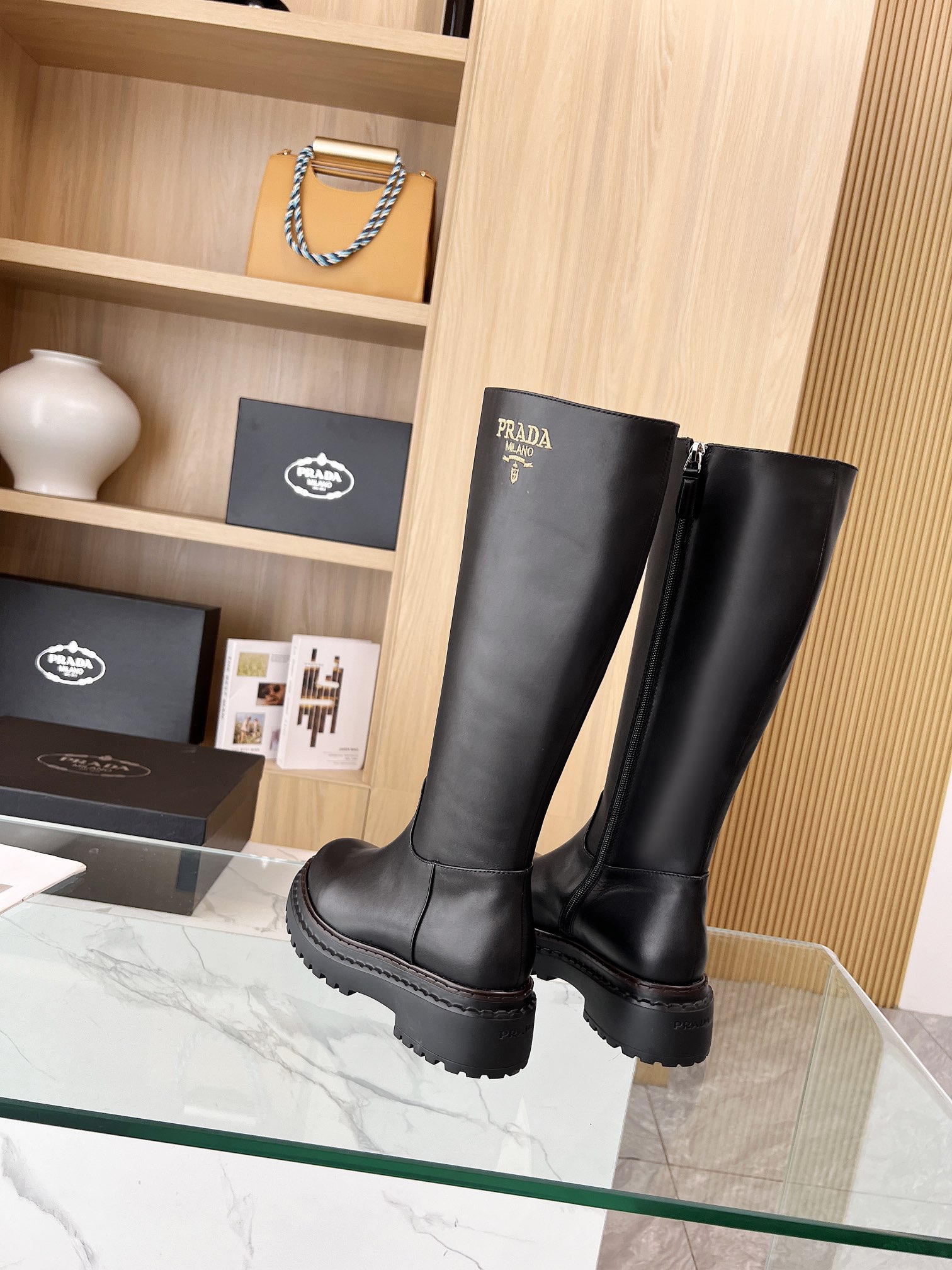 P design thick sole thick heel long knight boots high quality