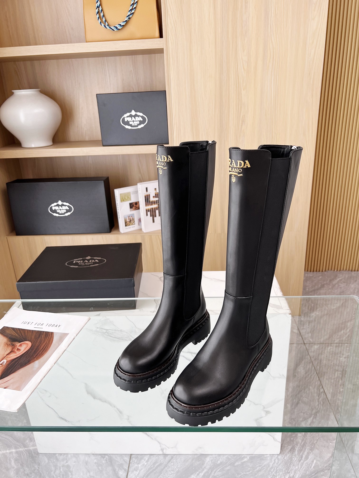 P design thick sole thick heel long knight boots high quality