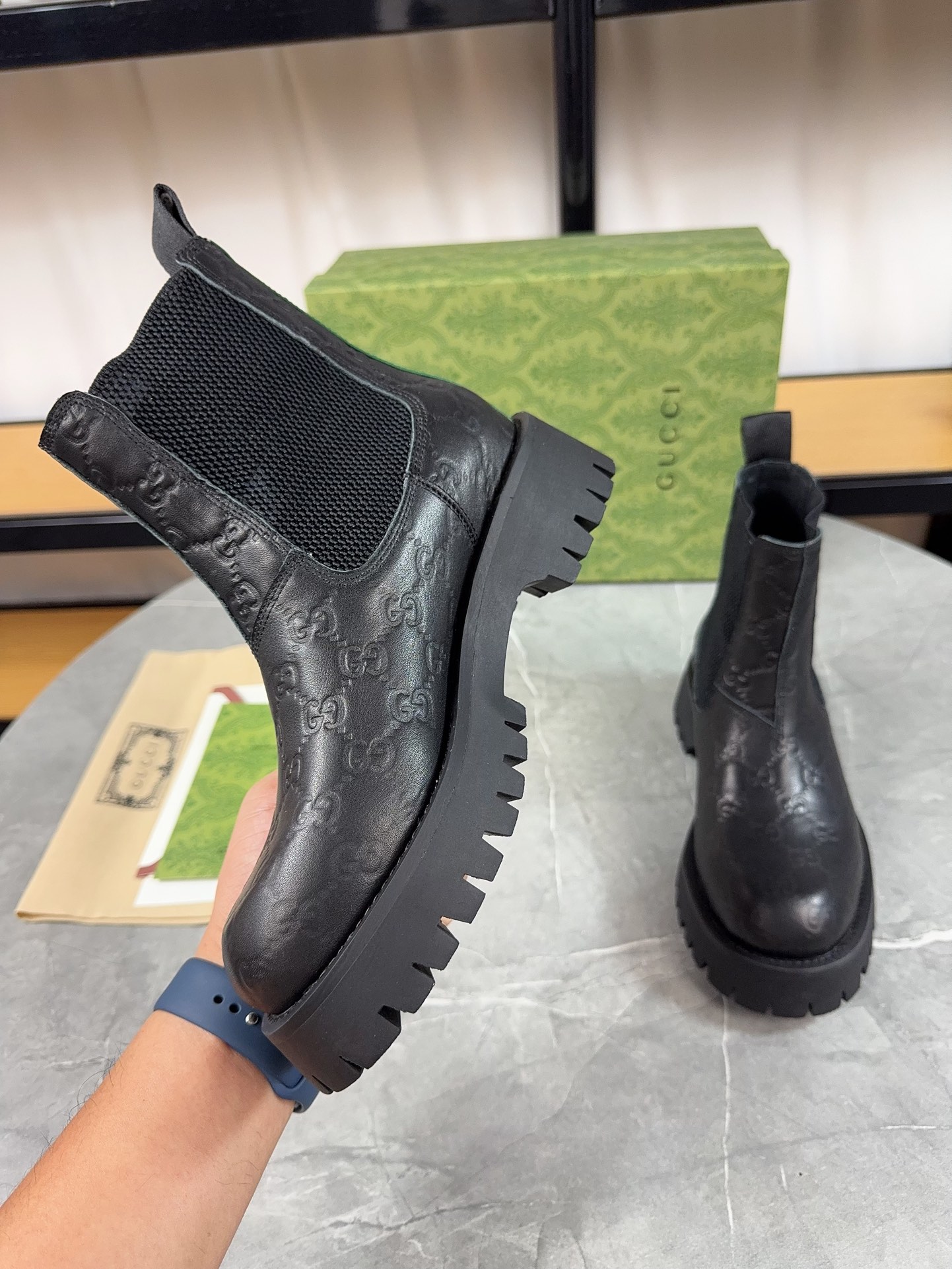 Gucc&i2024 new double GG printed platform platform boots Chelsea ankle boots for men and women