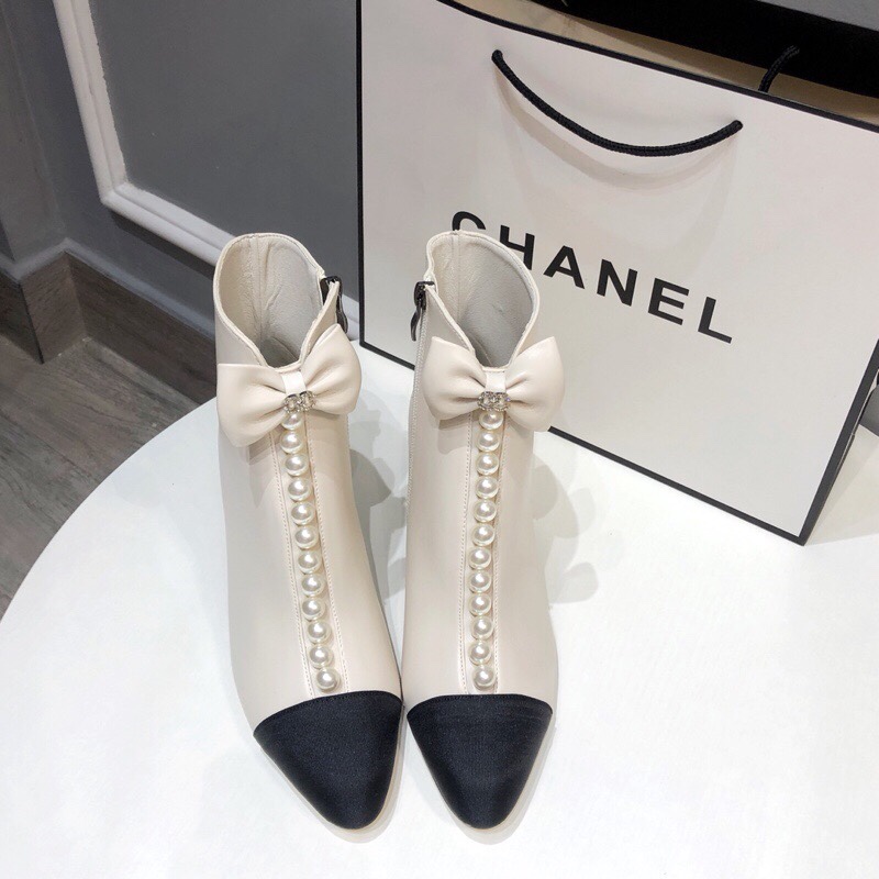 C design  autumn&winter pearl chunky heel short ankle boots with bow-knots