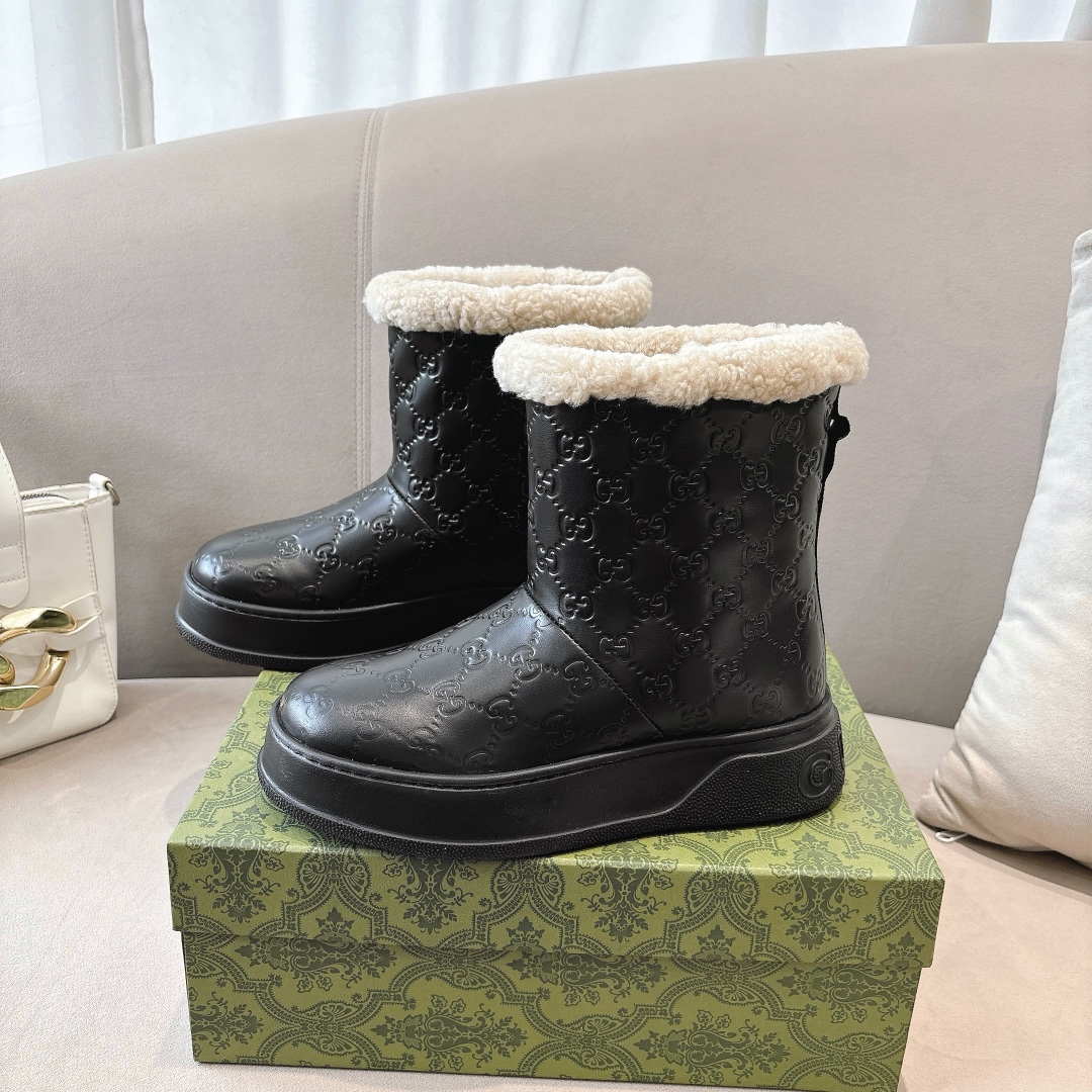 GUCC&I High quality leather wool printed snow boots