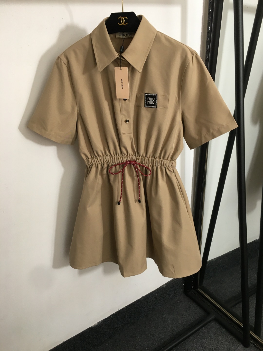 M design new logo embroidery drawstring waist short sleeve dress