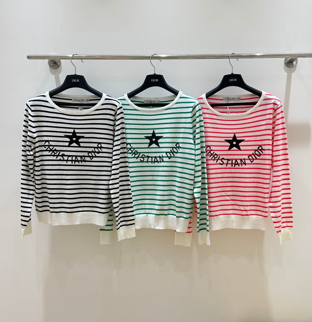 D Fashion High end Women's Clothing Letter Embroidery Contrast Stripe Round Neck Long Sleeve