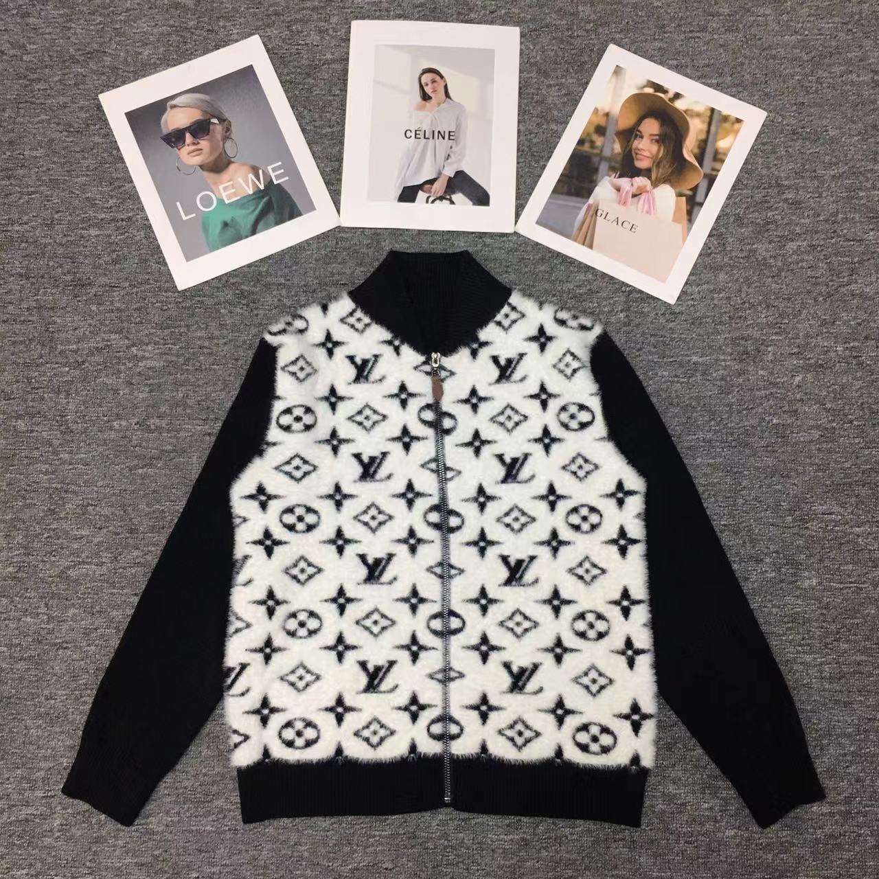 L Fashion Women's Letter Jacquard Stand up Collar Zipper Long Sleeve Cardigan Coat