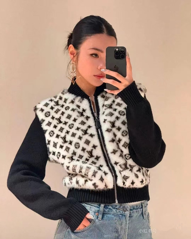 L Fashion Women's Letter Jacquard Stand up Collar Zipper Long Sleeve Cardigan Coat