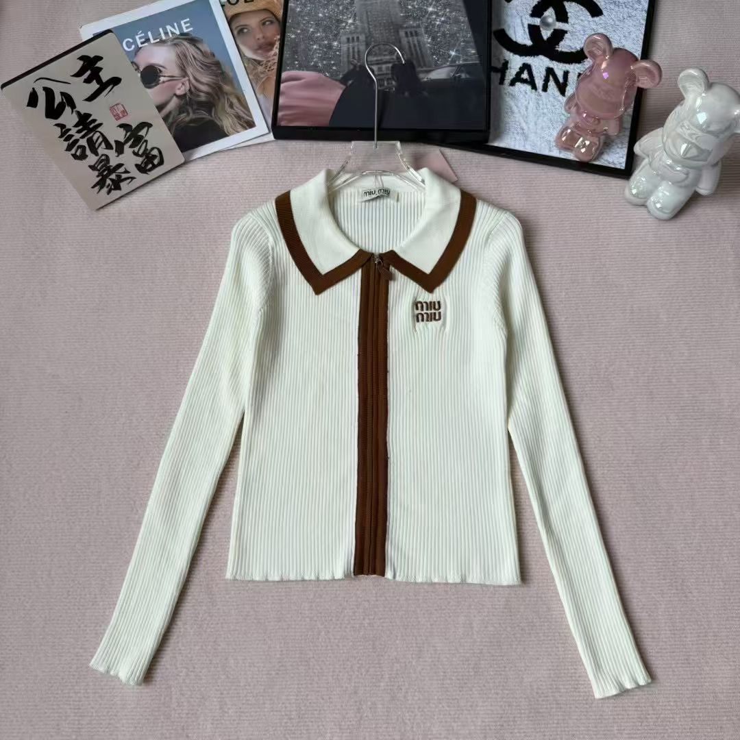 M fashion women's contrasting color lapel zipper long sleeved cardigan top