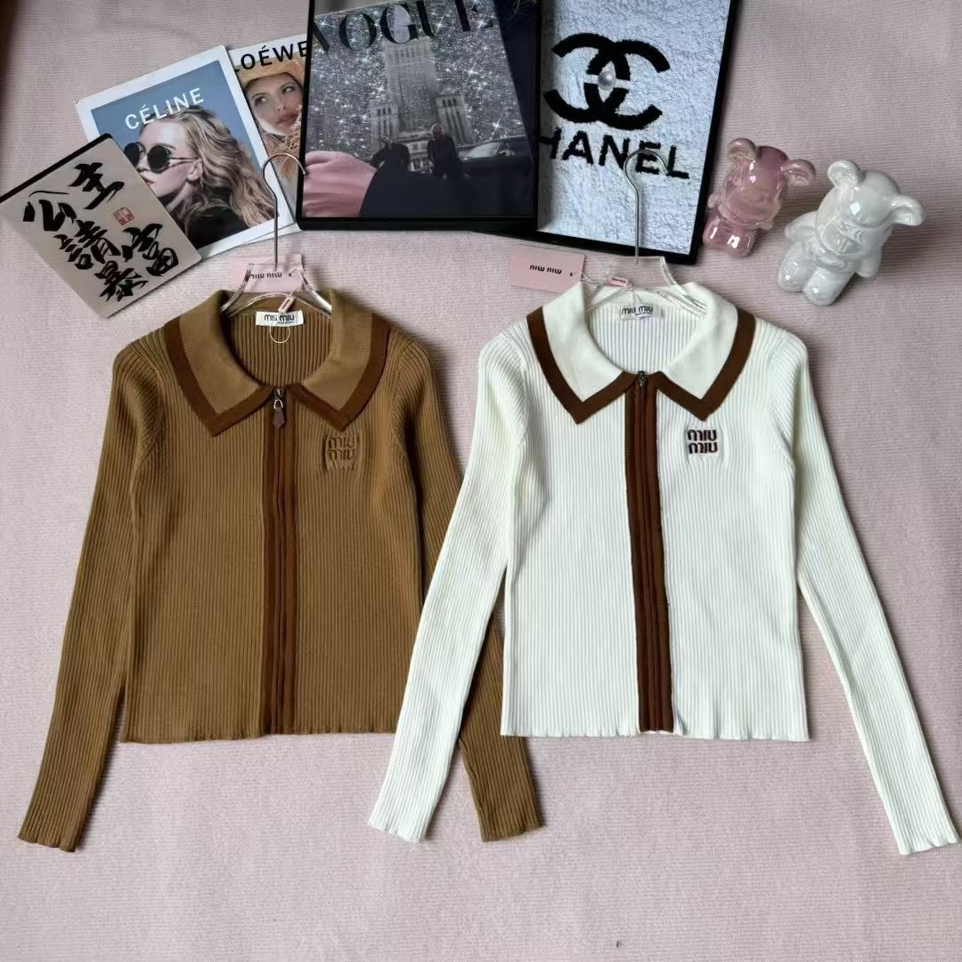 M fashion women's contrasting color lapel zipper long sleeved cardigan top