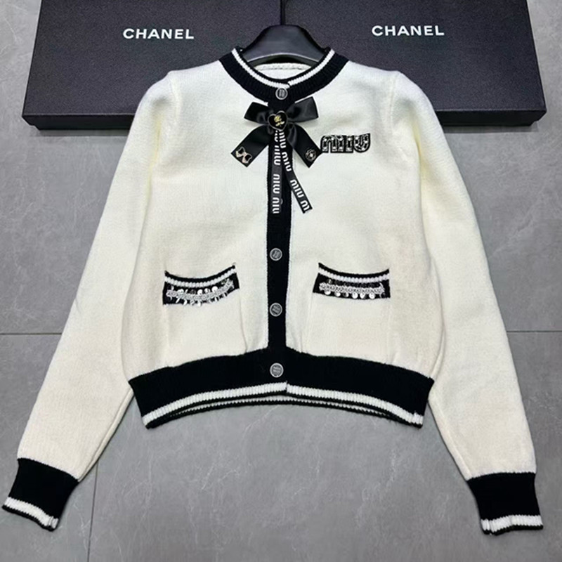 M Fashion Women's Colorful Butterfly Knot Nail Bead Letter Round Neck Long Sleeve Cardigan