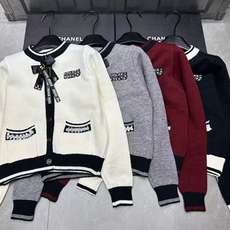 M Fashion Women's Colorful Butterfly Knot Nail Bead Letter Round Neck Long Sleeve Cardigan