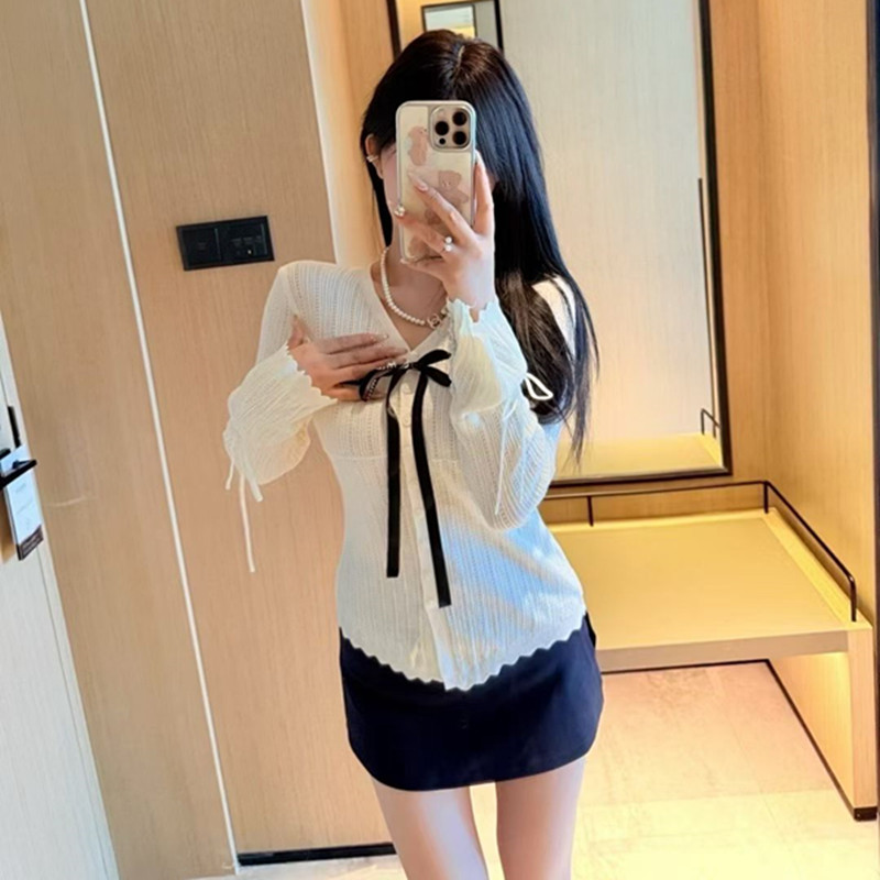 M Fashion Women's Letter Jacquard V-neck Long sleeved Cardigan