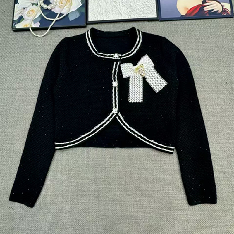 C Fashion Women's Round Neck Bow Long Sleeve Cardigan