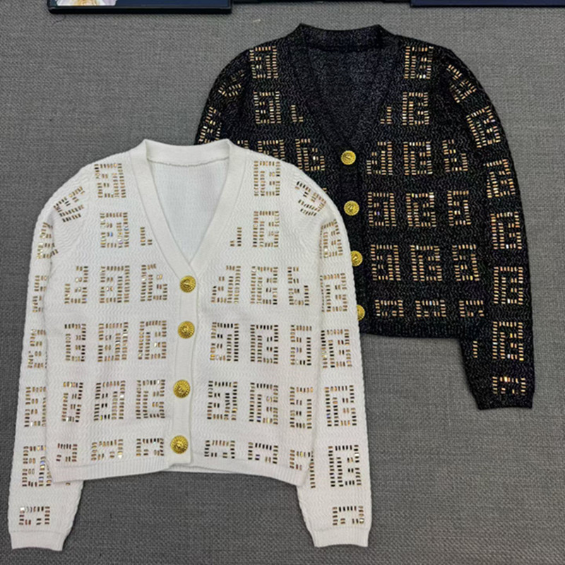 B Fashion Women's Nail Bead Letter Hollow V-neck Long sleeved Cardigan