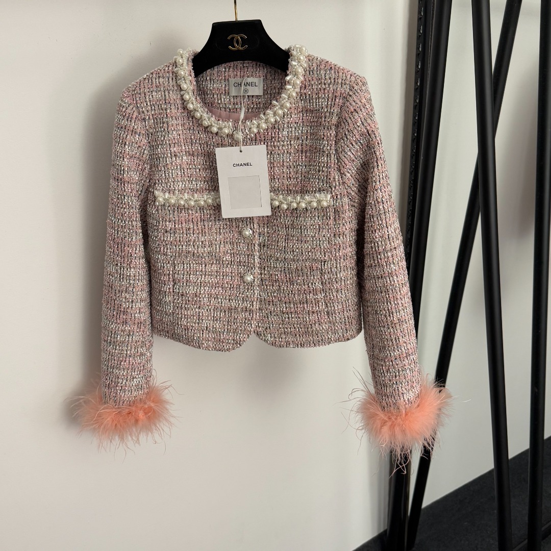 C 2 SET Round neck long sleeved tweed jacket+high waisted hip hugging skirt