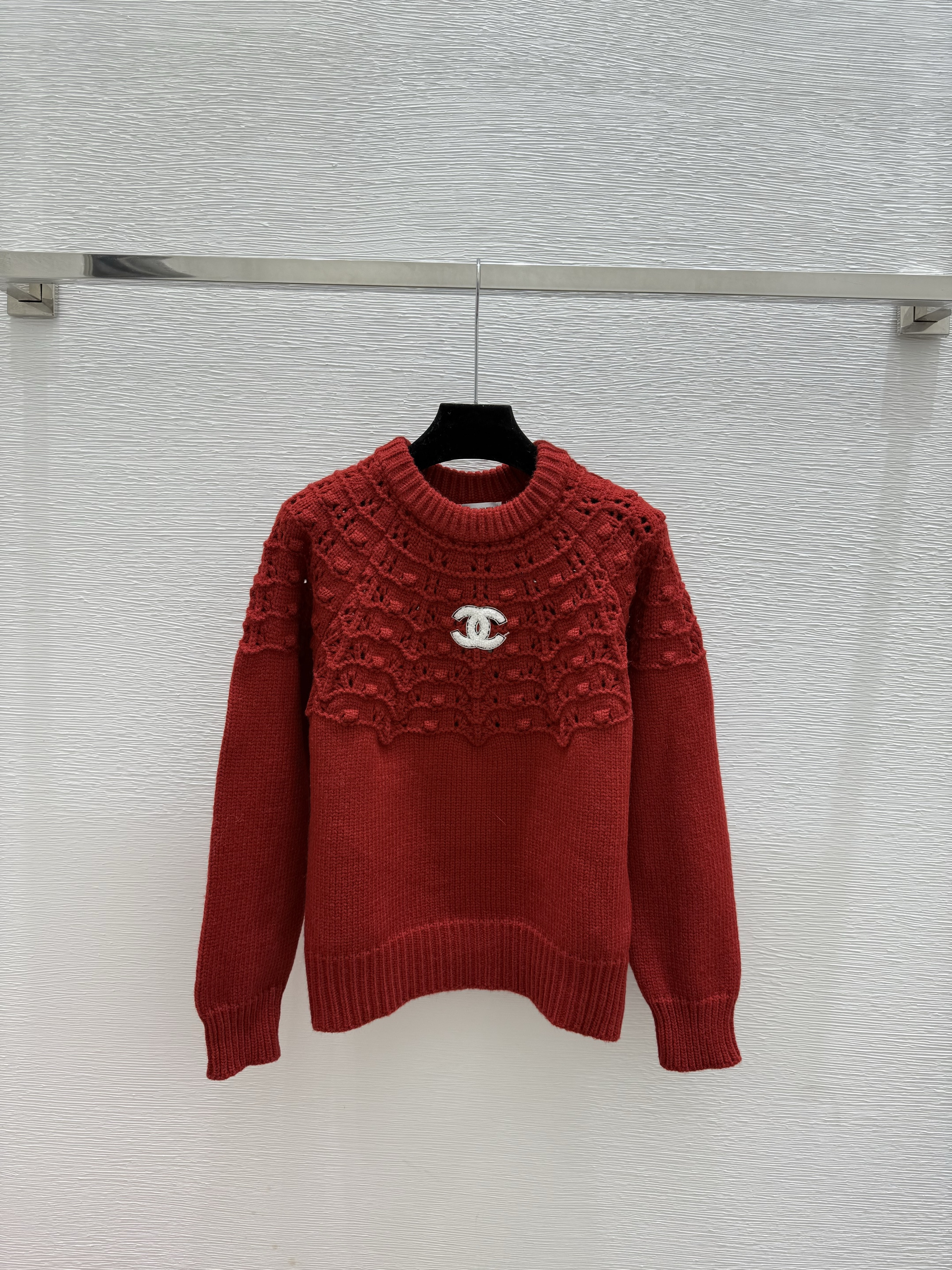 C fashion high-end women's hollowed out round neck long sleeved wool sweater