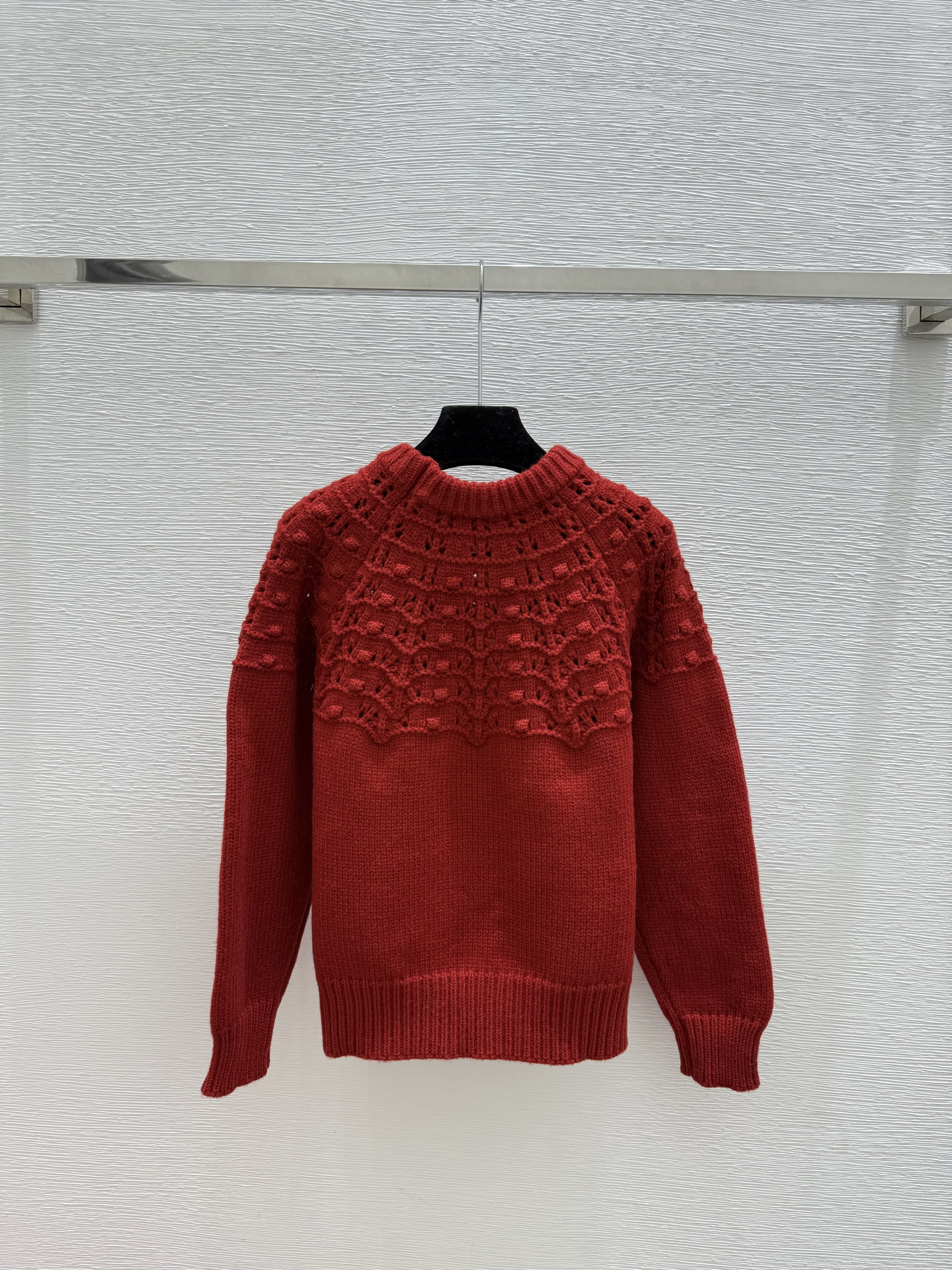 C fashion high-end women's hollowed out round neck long sleeved wool sweater