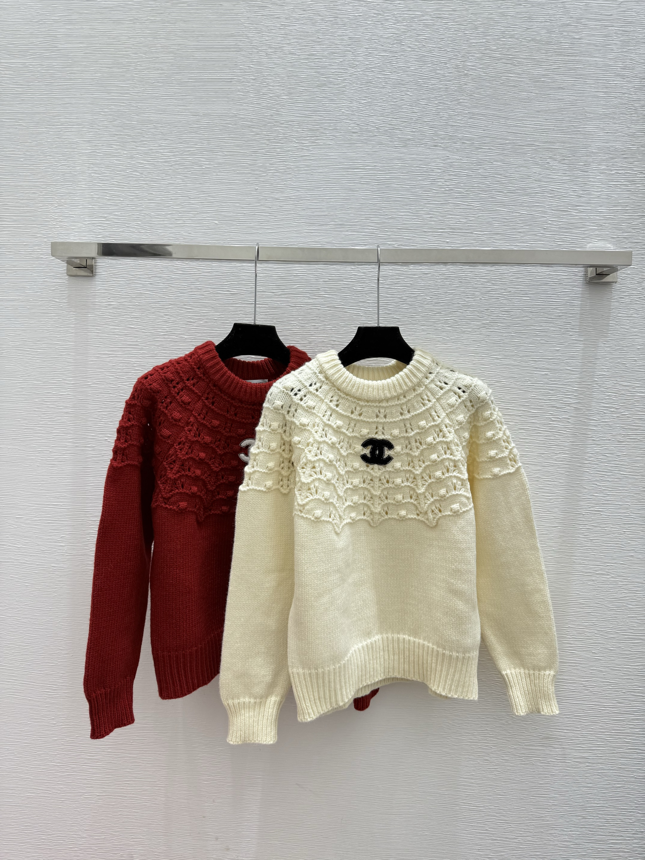 C fashion high-end women's hollowed out round neck long sleeved wool sweater