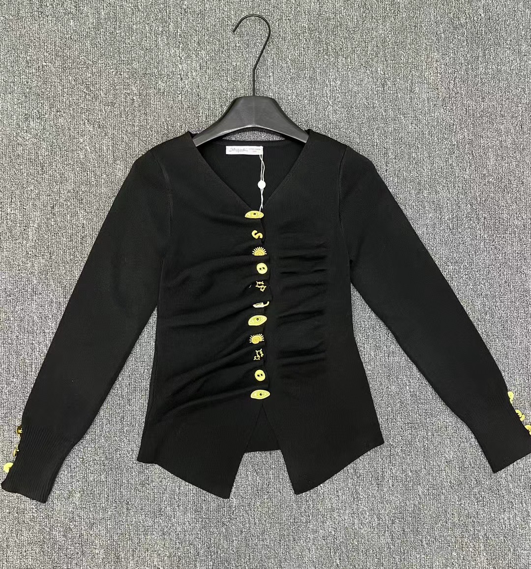 S fashion women's metal button V-neck long sleeved slim fit cardigan top