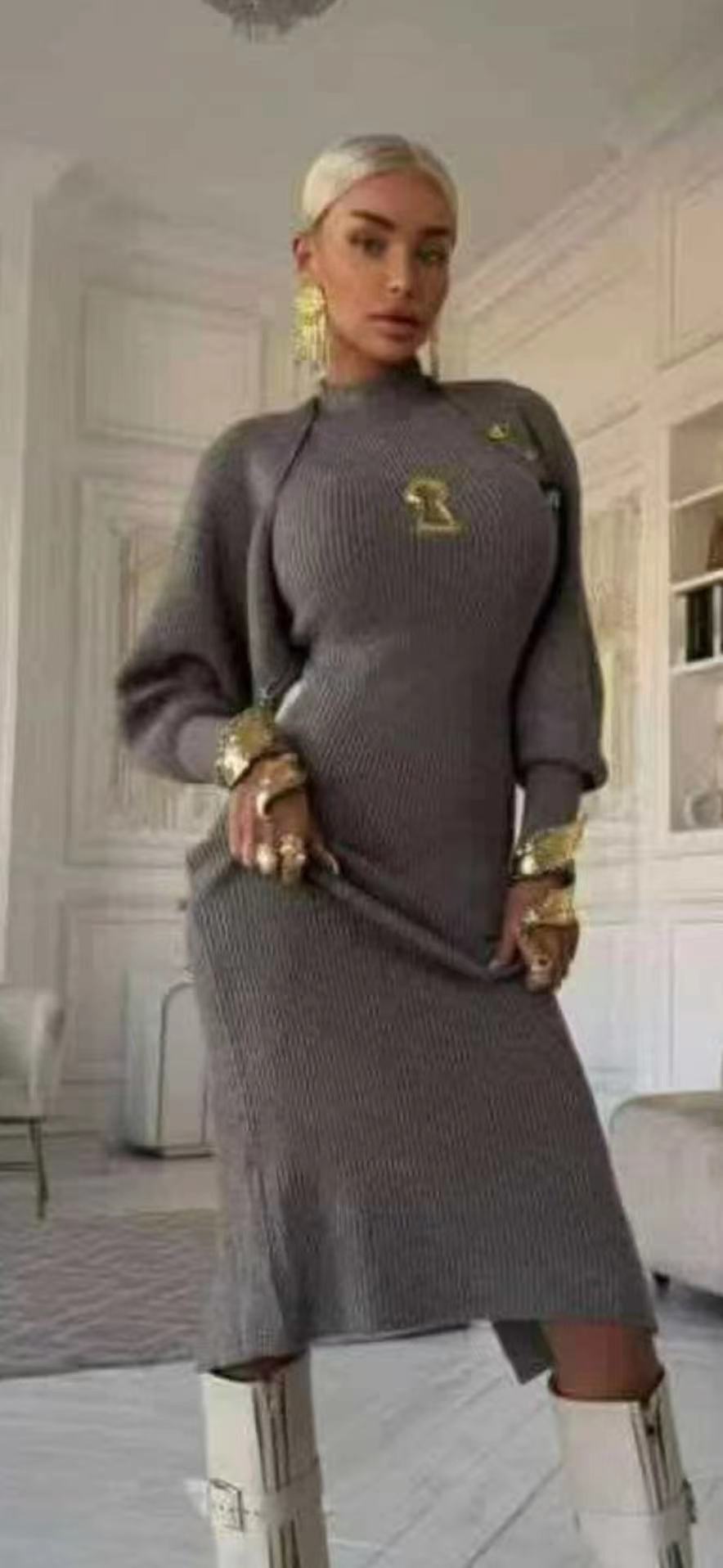 S Fashion Dress+Coat Shawl Two Piece Set