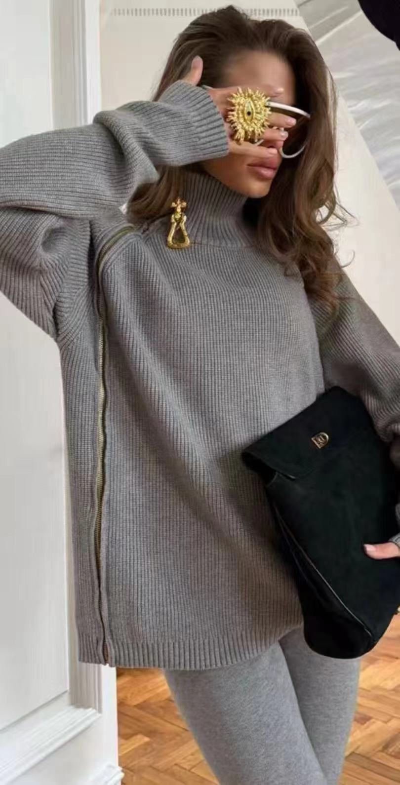 S Fashion casual women's high neck slanted shoulder zipper long sleeved cardigan