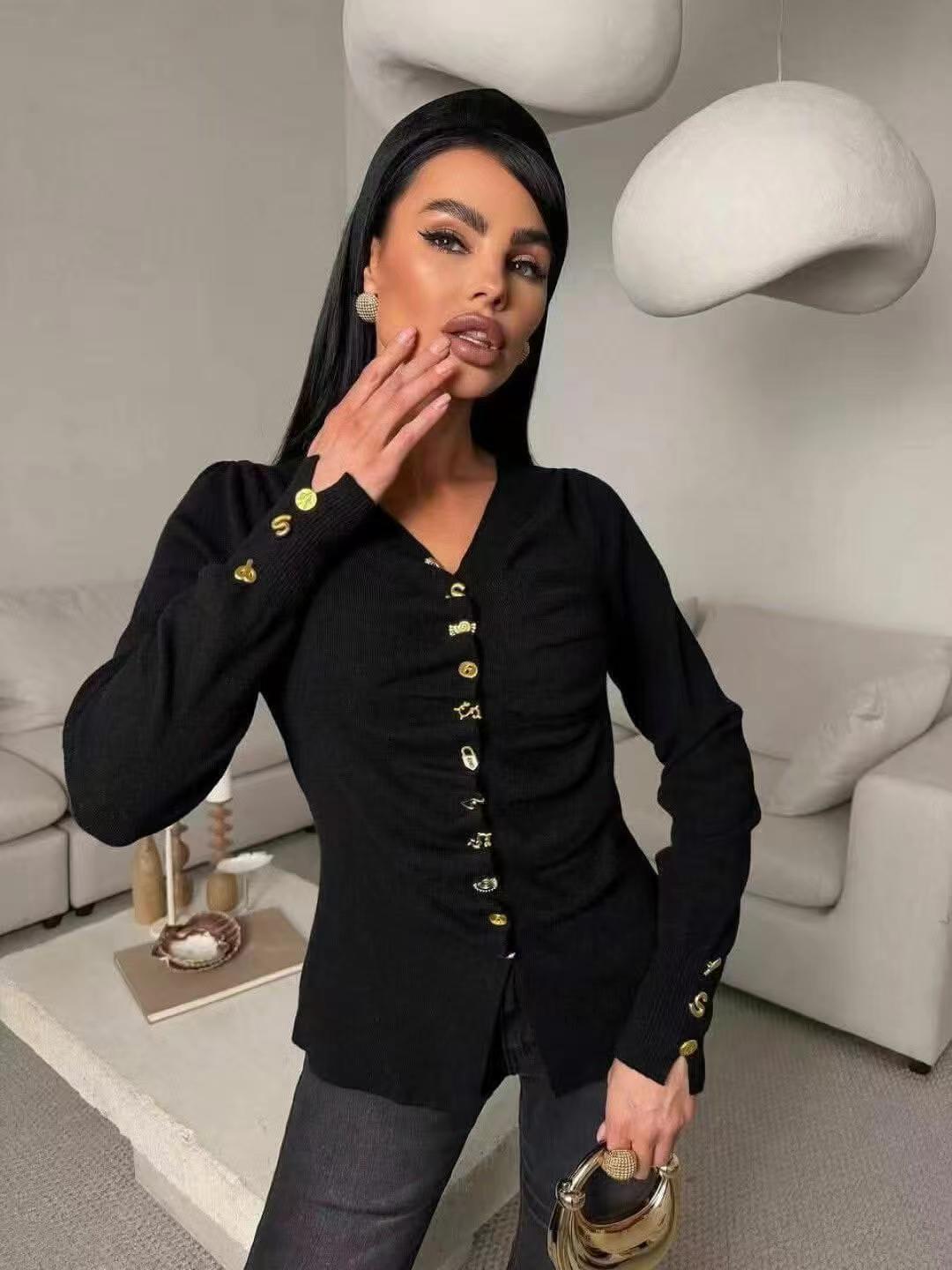 S fashion women's metal button V-neck long sleeved slim fit cardigan top