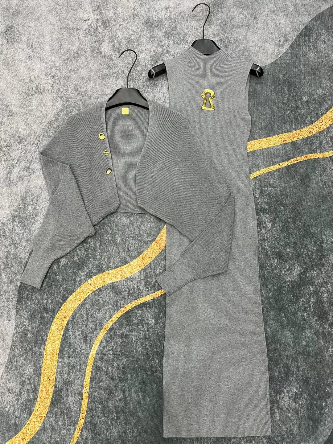 S Fashion Dress+Coat Shawl Two Piece Set