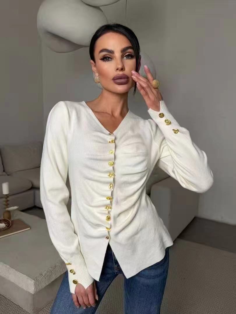 S fashion women's metal button V-neck long sleeved slim fit cardigan top
