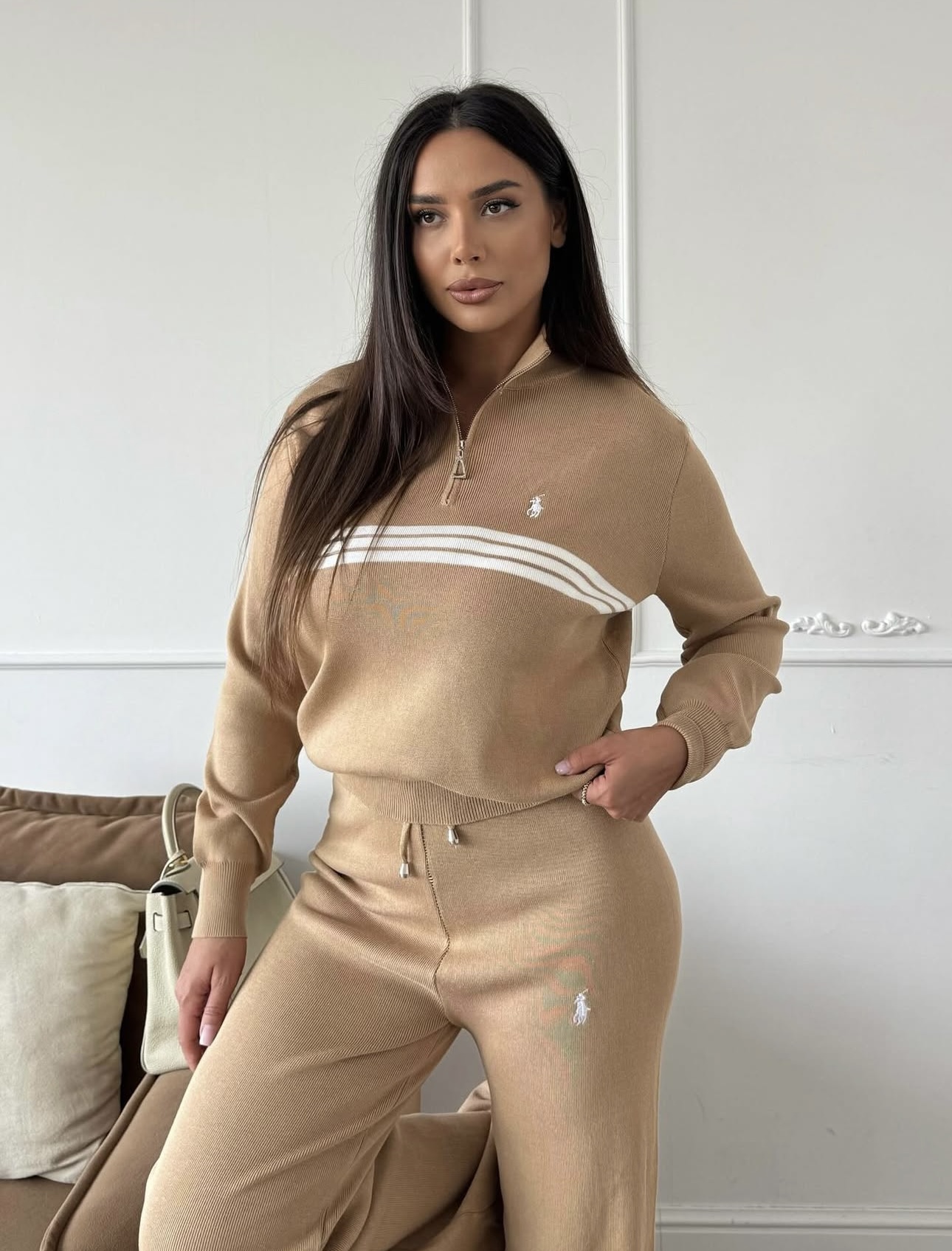 R set Knit sweater + elastic waist knit casual trousers