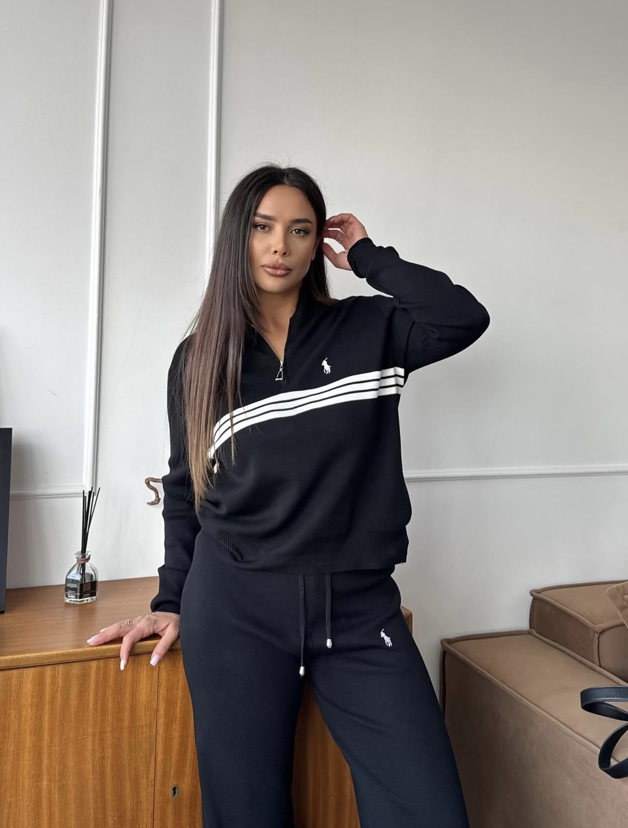 R set Knit sweater + elastic waist knit casual trousers