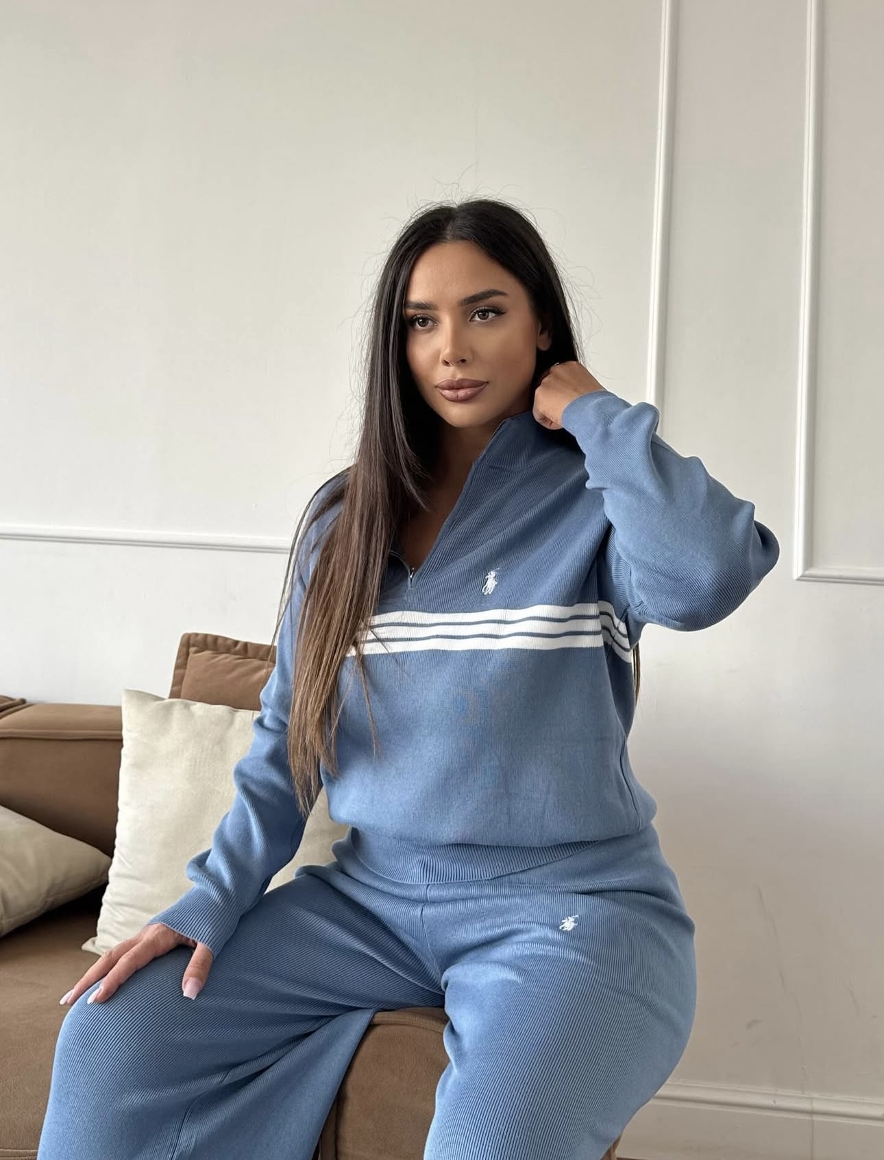 R set Knit sweater + elastic waist knit casual trousers