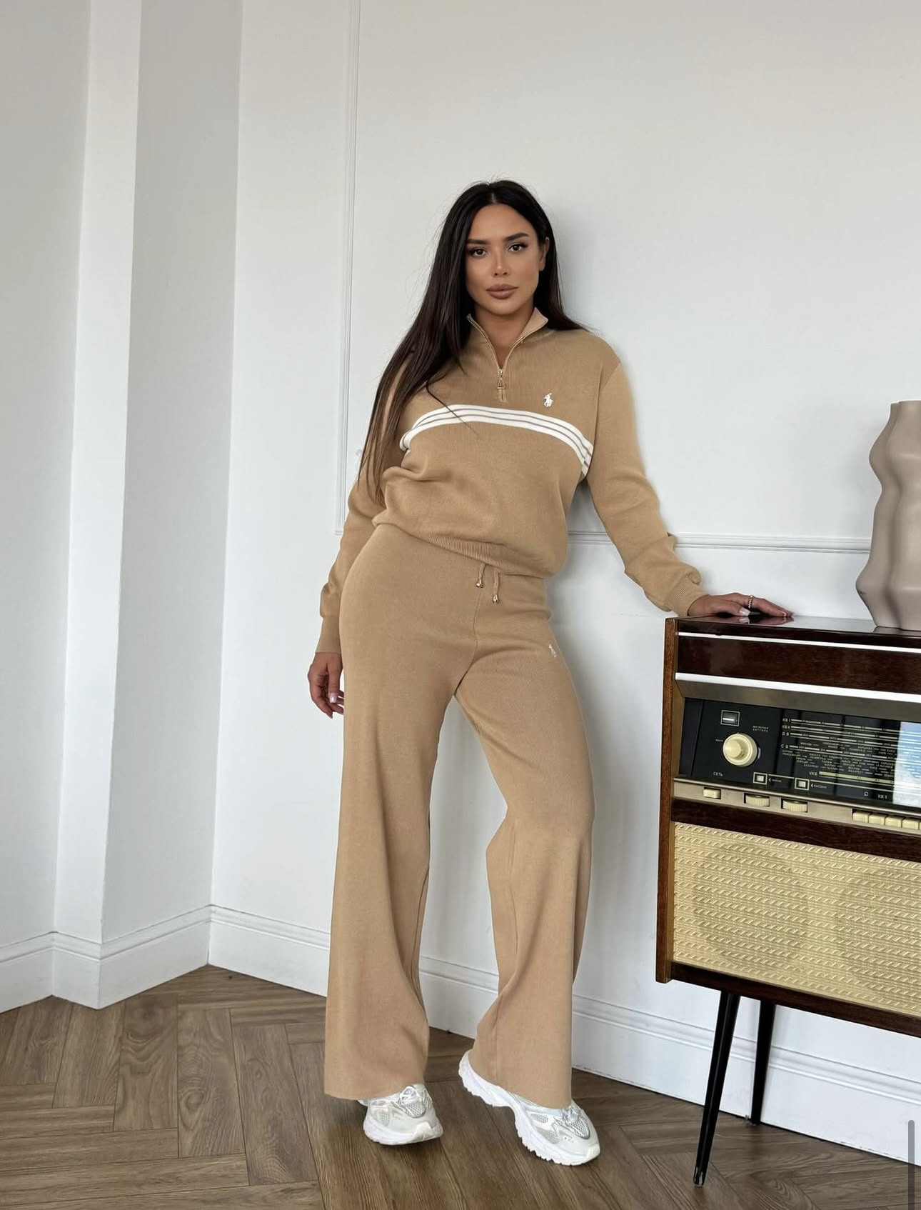 R set Knit sweater + elastic waist knit casual trousers