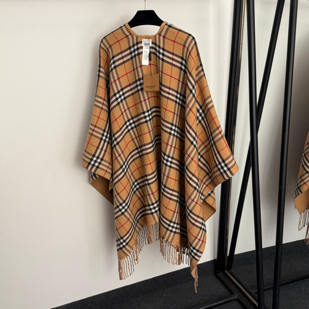 B Classic plaid double-sided tassel woven wool knitted cardigan shawl