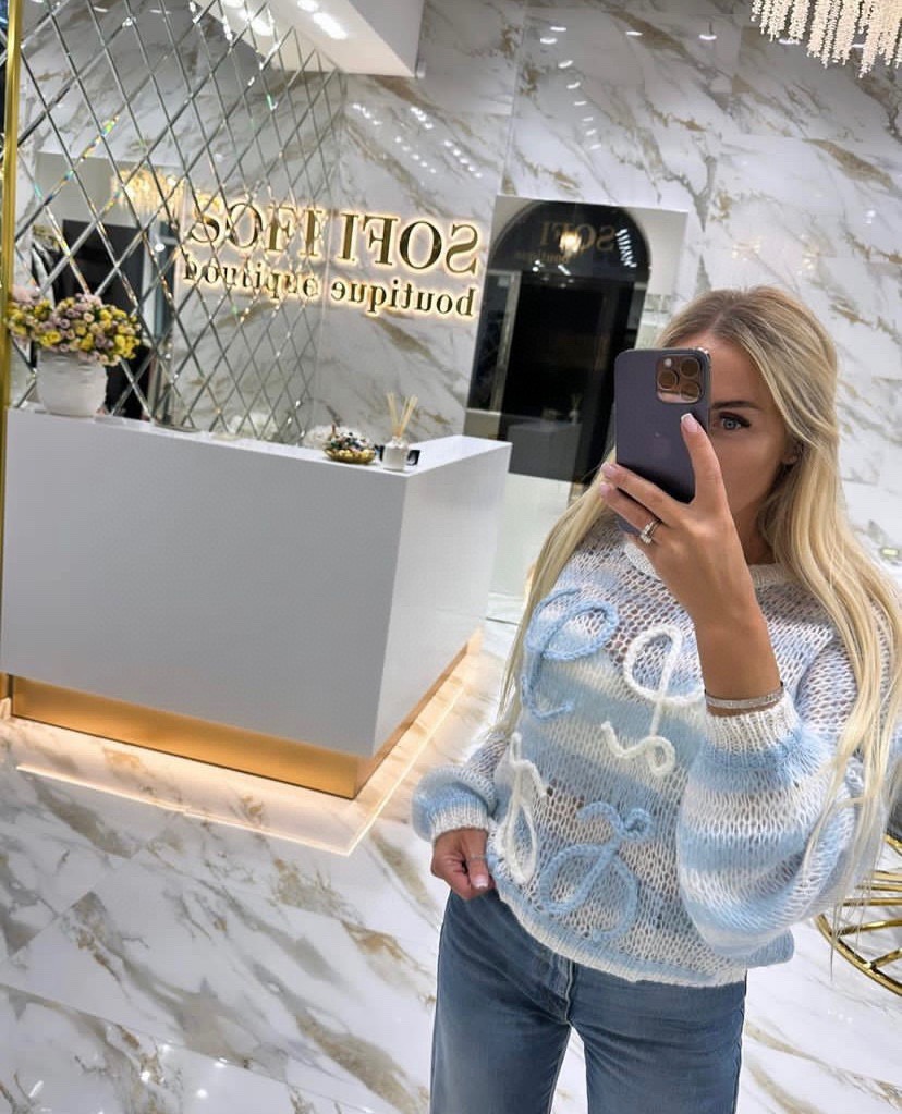 L Striped Colorblock Openwork Long Sleeve Mohair Sweater